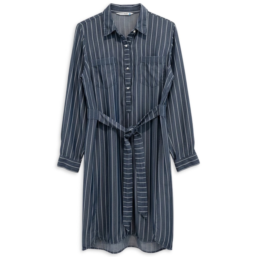 Given Kale Shirt Dress Womens Large Blue Pinstripe Tencel Belted Roll Tab Sleeve